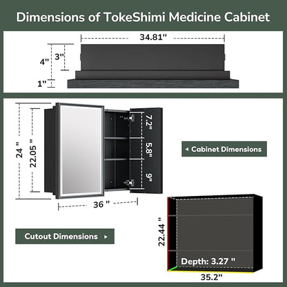 TokeShimi 36x24 Bathroom Mirror with Storage Beveled, Gold Recessed Medicine Cabinet with Mirror Aluminum, Surface Mounted Metal Medicine Cabinets for Bathroom Vanity Wall
