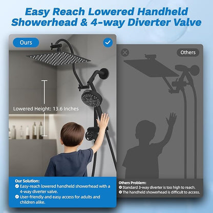 Hibbent cUPC Certified All Metal 10" Rainfall Showerhead Combo, High Pressure Shower Head with 10-Spray Mode Handheld, Innovative 4-way Diverter with Pause Mode, 71'' Shower Hose and Holder, Black