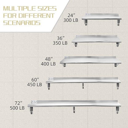 HALLY SINKS & TABLES H Stainless Steel Shelf 18 x 72 Inches, 500 lb, Commercial Wall Mount Floating Shelving for Restaurant, Kitchen, Home and Hotel