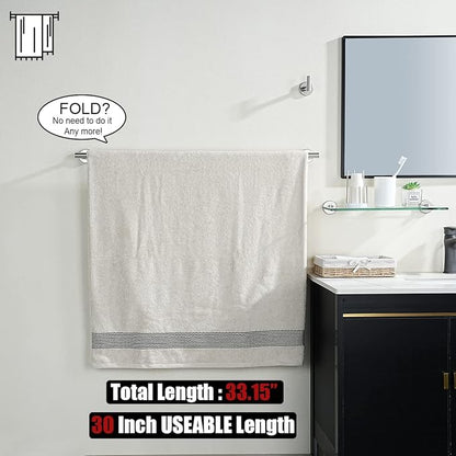 JQK Bath Towel Bar, 33 Inch 304 Stainless Steel Thicken 0.8mm Single Towel Rack for Bathroom, Towel Holder Brushed Steel Wall Mount, Useable Length 30 Inch 2 Pack, TB110L30-BN-P2