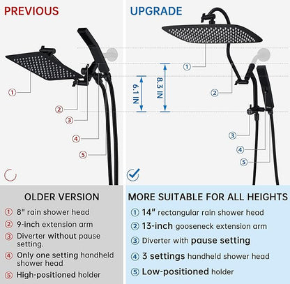 G-Promise All Metal 14 Inch Shower Head with Massage Mode Handheld, Rain Shower Head with Handheld Spray Combo, 3-Way Diverter with Pause Setting, 13 Inch Adjustable Extension Arm (Matte Black)