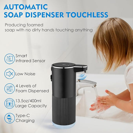 2 Pack Automatic Soap Dispenser Touchless, Rechargeable Foaming Hand Soap Dispenser, 4-Level Adjustable Foam for Bathroom Countertop, Electric（Black）