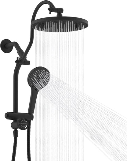 Hibbent Self-cleaning Shower Head Combo, High Pressure 10'' Rain Showerhead with 3-mode Handheld Spray, Metal Extension Arm with Easy Reach All Metal 4-way Diverter, 71" Hose & Holder, Matte Black