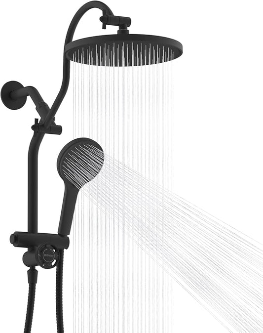 Hibbent Self-cleaning Shower Head Combo, High Pressure 10'' Rain Showerhead with 3-mode Handheld Spray, Metal Extension Arm with Easy Reach All Metal 4-way Diverter, 71" Hose & Holder, Matte Black