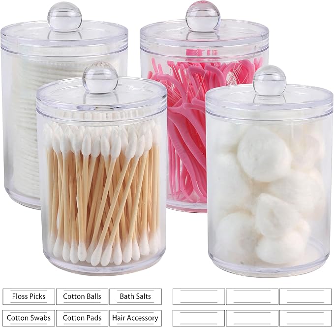 4 Pack Acrylic Qtip Holder Dispenser,Bathroom Canisters Apothecary Jar Set, Vanity Makeup Storage Organizer Set, 10 and 12 oz