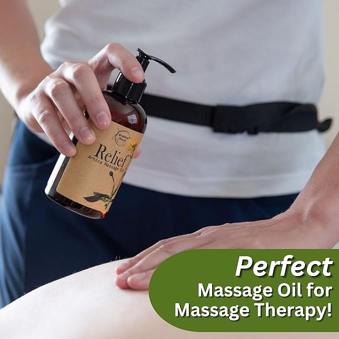 Relief Arnica Massage Oil – Great for Sports & Athletic Therapeutic Massage – All Natural - Arnica Montana for Sore Muscle Relief. Contains Sweet Almond, Jojoba, Grapeseed & Essential Oils 8oz