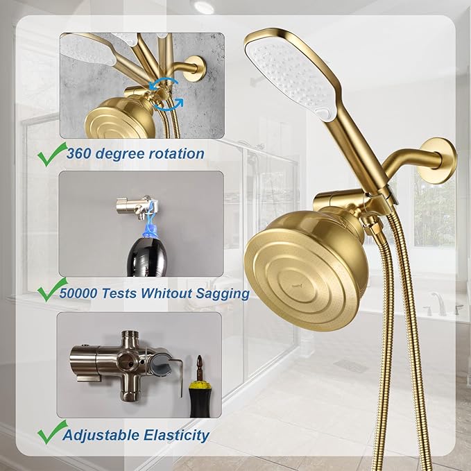 3 Way Shower Diverter Valve with Hand Shower Holder, G1/2 Shower Head Splitter, Shower Arm Diverter (Gold)