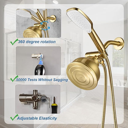 3 Way Shower Diverter Valve with Hand Shower Holder, G1/2 Shower Head Splitter, Shower Arm Diverter (Gold)