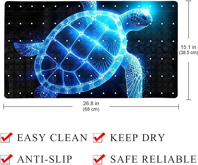 Bathtub Mats for Shower Tub, Anti-Slip Bath Mats for Inside Tub, Bathroom Shower Mats with Drain Holes and Suction Cups (Art Glowing Ocean Turtle Neon Blue Pattern)