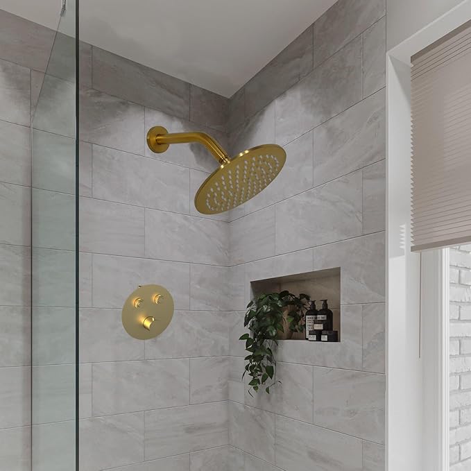 Aquaiaw Shower Arm and O-Ring Flange, 8 inch, Solid Brass, Round, Both Soldered 1/2 NPT Tapered Threads, Wall Mount Shower Arm Extension, Rain Shower Head Arm, PVD Brushed Brass (Matte Brushed Gold)