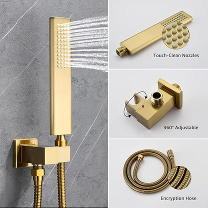 Iriber Brushed Gold Rain Shower System with 10 Inch Shower Head and Handheld Bathroom Wall Mounted Shower Set Contain Shower Faucet Mixer and Trim Kit (Valve Included)