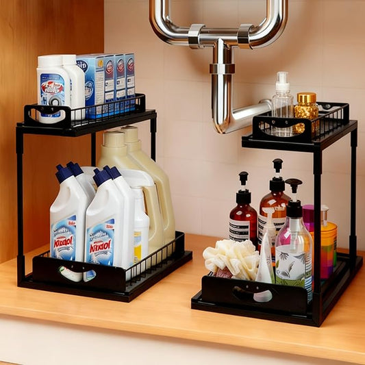 2 Pack Pull-Out Storage Basket Under Sink Organizers Under Sink Storage Racks For Kitchen Cabinet,Bathroom,Storage Box, Black