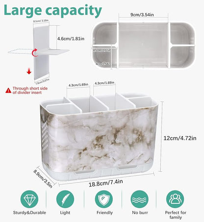 Boperzi Electric Toothbrush Holder for Bathroom Organizer Countertop, Detachable Anti-Slip Toothpaste Storage Caddy 6 Slots White Marble with Drainage Holes for Makeup Brush Razor Stand