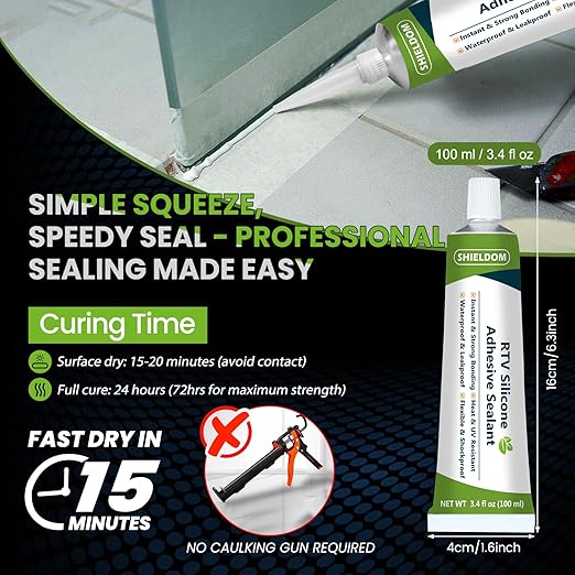 RTV Silicone Adhesive Sealant 100% Silicone Sealer All-Purpose Caulk Waterproof Stronger Adhesion, Shrink & Crack Proof Caulking for Car, Kitchen, Window, Bathroom, Door (Black, 3.4 Fl. Oz.)
