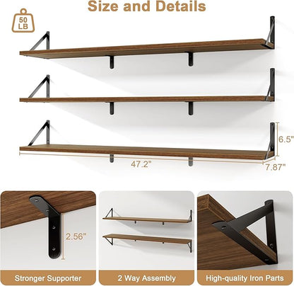 Fun Memories Extra Long Floating Wall Shelves, 48 x 8 Inches, Set of 3 Large Wood Floating Bookshelves with Metal Brackets for Storage & Display (Walnut)