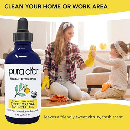 PURA D'OR Organic Sweet Orange Essential Oil (4oz with Glass Dropper) 100% Pure & Natural Therapeutic Grade for Hair, Body, Skin, Scalp, Aromatherapy Diffuser, Energy, Mood, Vitality, Cleansing, Home