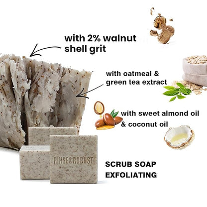Rinse & Robust Mens Bar Soap Bath Bar Soap 3Pack Handmade Natural Soap Bar Set Cleansing Bar Moisturizing&Exfoliating Scrub Soap Gift Set for Men | Leather, Sandalwood, Teakwood | 3.5 oz of 3 Bars