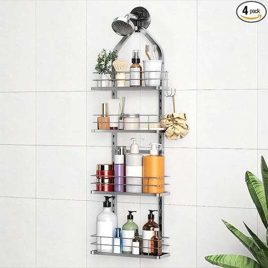Shower Caddy Hanging (Silver), Adjustable Anti-Swing-Over The Shower Head Caddy, 4 Tier Height Bathroom Storage Organizer Bathroom Shelves Basket Rack Shower Caddies (4Tier)
