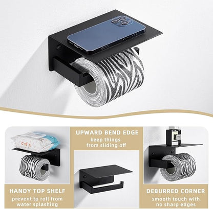 Angle Simple Toilet Paper Holder with Shelf Matte Black, 304 Stainless Steel Lavatory Tissue Roll Holder for Wall