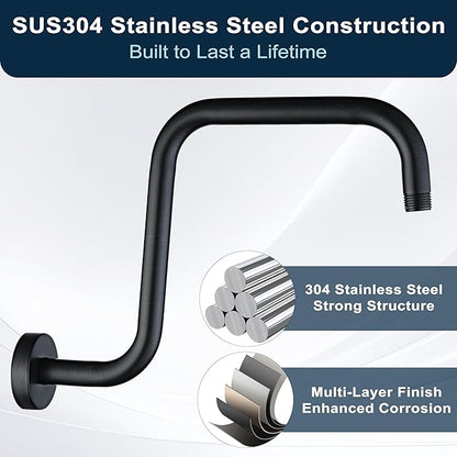 BRIGHT SHOWERS 13 Inch Shower Head Extension Arm with Flange S Shaped High Rise Extender, Long Stainless Steel Rainfall Shower Head Pipe Arm, Oil-Rubbed Bronze