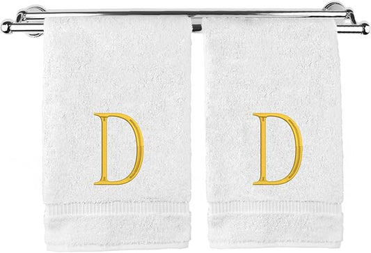 Monogrammed Hand Towel, Personalized Initial Gift, Extra Absorbent 100% Turkish Cotton - Soft Terry Finish - Set of 2 - Gold Block Initial D - Embroidered on White Towels