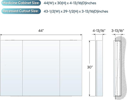 WELLFOR 44" x 30" Rectangle Medicine Cabinet Mirror, Surface Mount or Recessed Medicine Cabinet with Tempered Mirror, Anodized Chrome Aluminum Frame, Bathroom Mirror with Storage