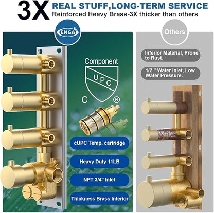 Enga Thermostatic Dual Head Shower System, Shower Faucet Set with 16"+6" Rain Shower Heads & Handheld, All Functions Use Simultaneously, Adjustable Volume, Brushed Gold