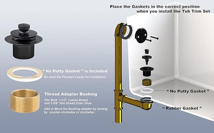 Matte Black Lift & Turn Tub Trim Set with Two-Hole Overflow Faceplate and No Putty Gasket, Bathtub Conversion Kit Assembly with Universal Fine/Coarse Thread, No Putty Installation by Artiwell
