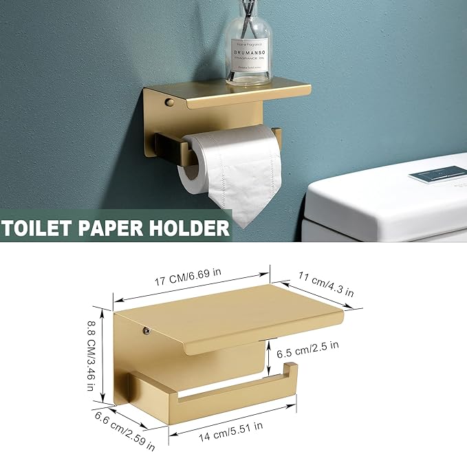 Brushed Gold Bathroom Towel Bar Holder Sets Premium Stainless Steel 4-Piece Bathroom Hardware Set Wall Mounted Bathroom Toilet Paper Holder with Shelf Set.
