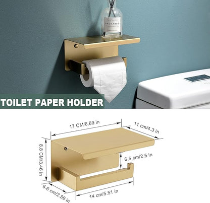 Brushed Gold Bathroom Towel Bar Holder Sets Premium Stainless Steel 4-Piece Bathroom Hardware Set Wall Mounted Bathroom Toilet Paper Holder with Shelf Set.
