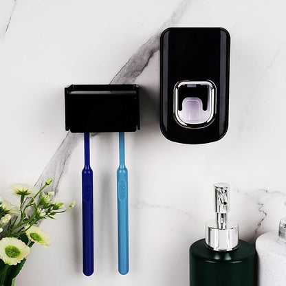 2 Slots Wall Mount Toothbrush Holder with Cover, Self Adhesive Toothbrush Storage Organizer for Shower, Toothbrush Hanger with Automatic Toothpaste Squeezer Dispenser(Black)