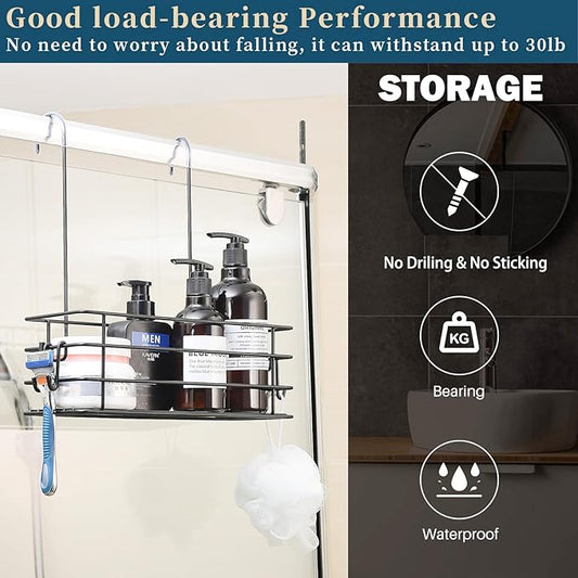 2pcs Single-Layer Shower Caddy Hanging Shower Orangizer Stainless Steel Shower Rack with Hooks Over The Door, Shampoo Basket Storage (Black)