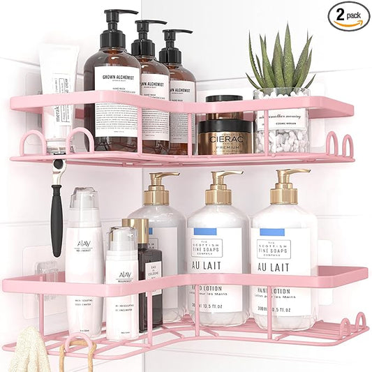 Corner Shower Caddy - 2 Pack, Adhesive Shower Organizers, Rustproof Stainless Steel Shower Shelves with 8 Hooks, No Drilling Bathroom Organizers and Storage Racks, Space-Saving, Pink, Large