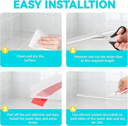 Shower Threshold Water Dam Barrier 39", Silicone Sealant Included, Collapsible Self-Adhesive Water Blocker, Shower Door Water Stopper for Floor Bathroom Kitchen Bathtub Sink