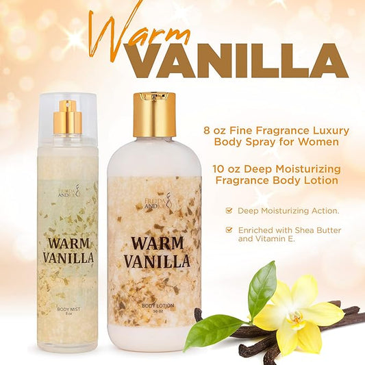 Home Spa Gift 10oz Deep Moisturizing Fragrance Body Lotion & 8 oz. Fine Fragrance Body Mist Set Luxury Self-Care Combo for Women and Girls (Warm Vanilla)