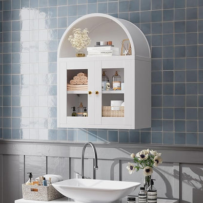 Metal Arched Wall Cabinet,Bathroom Wall Mounted Cupboard,Modern Arched Storage Cabinet with Glass Door and Adjustable Shelf,Space Saver Wall Cabinet,Requires Assembly(White)