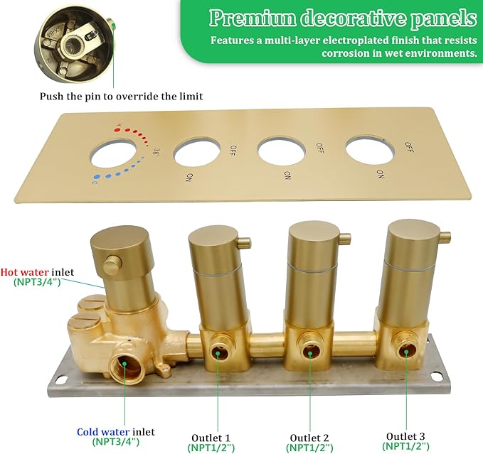 HOMEDEC 3 Function Shower Mixing Valve and Trim Kit, Brushed Gold 3 Ways Thermostatic Valve Flow Volume Control Vertical Shower Diverter Selector
