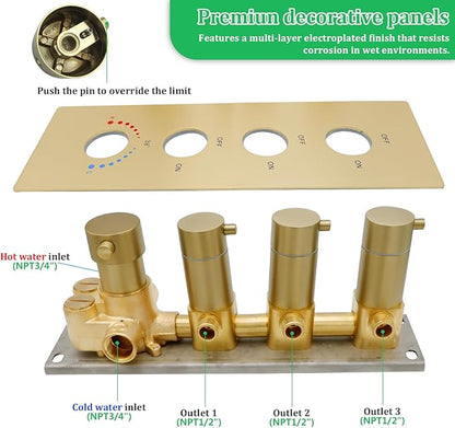HOMEDEC 3 Function Shower Mixing Valve and Trim Kit, Brushed Gold 3 Ways Thermostatic Valve Flow Volume Control Vertical Shower Diverter Selector