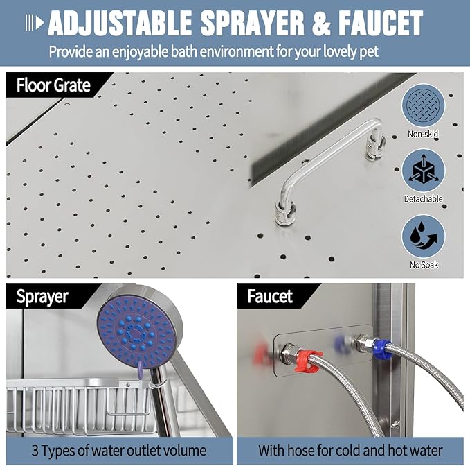Stainless Steel Dog Cat Pet Grooming Bath Tub (w/Faucet, Sprayer, Shampoo Rack)