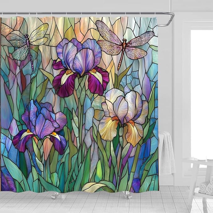 Stained Glass Shower Curtain Artistic Iris Dragonfly Purple Floral Green Leaves Abstract Nature Plant Spring Summer Modern Botanical Fabric Bathroom Decor Curtains with Hooks,70 x 82