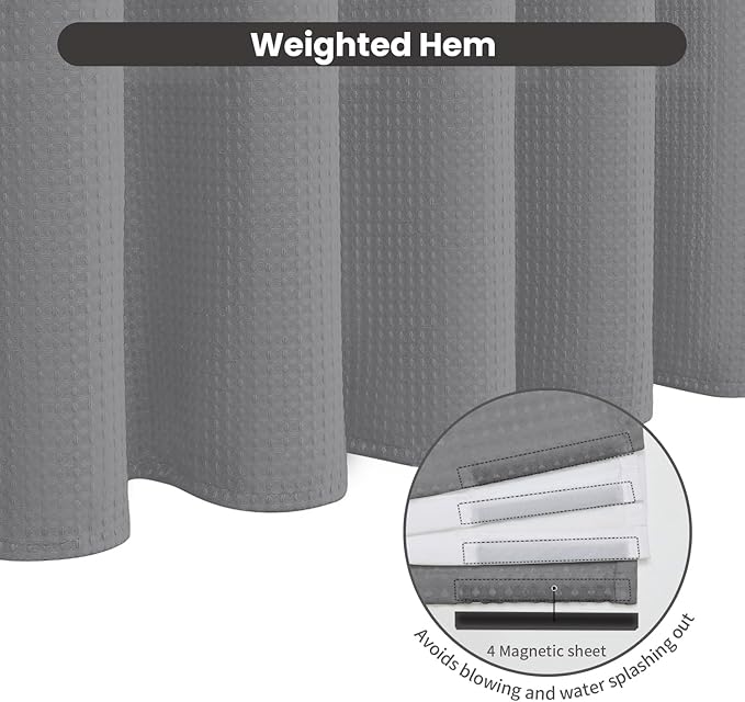 Inhousolu No Hook Waffle Weave Shower Curtain with Removable Snap in Fabric Liner Set for Bathroom, 230 GSM Heavy Duty Weighted Hem, Water Repellent Washable Bath Curtains, 36 x 72 Inch, Grey
