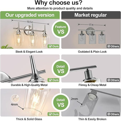 3-Light Bathroom Light Fixtures, 19.5 in Brushed Nickle Vanity Lights for Bathroom with Clear Glass, Bathroom Lighting Fixtures Over Mirror, Modern Wall lamp for Cabinet Hallway