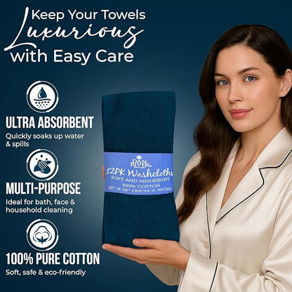 DAN RIVER 12 Pack Wash Cloths for Showering [12x12] - 100% Cotton Washcloths Premium Quality Flannel Face Cloths for Bathroom, Highly Absorbent and Soft Feel Wash Clothes, Opal Blue