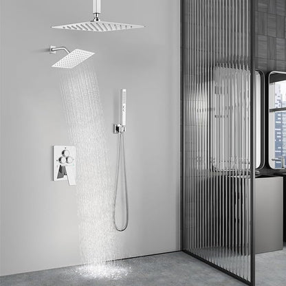 Aolemi Shower Faucet Set Ceiling Mount Shower System Rough-in Valve and Shower Trim Kit 12 and 6 Inch Dual Shower Head 2 in 1 Handheld Spray Push Button Diverter Polish Chrome