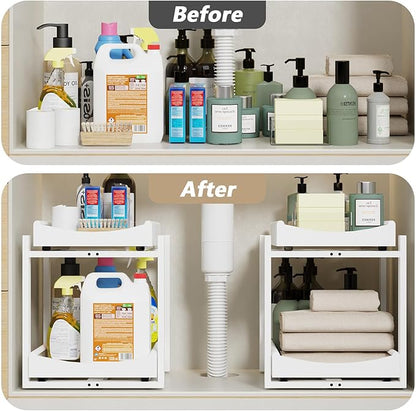 Bamboo Under Sink Organizer Adjustable Height 2 Tier Bathroom Organizer Pull Out Cabinet Storage Kitchen Heave Duty Wood Slide Ou Shelf for Kitchen Bathroom (White, 2 Packs)