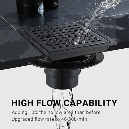 6 Inch Square Shower Floor Drain, Stainless Steel Black Shower Drain Kit with Flange, Floor Drain with Removable Grid Cover,Matte Black