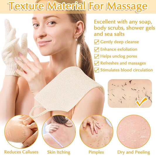 Anezus Exfoliating Back Scrubber Bath Gloves Set, Exfoliating Shower Towel with Shower Gloves for Body Scrub, Back Cleaner Wash Gloves to Remove Dead Skin (Beige)