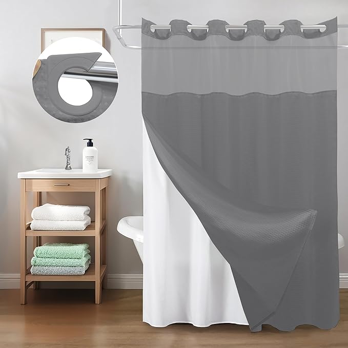 Inhousolu Long No Hook Shower Curtain with Snap in Fabric Liner Set Waffle Weave 230GSM Weighted Hem, Waterproof & Washable Bathroom Curtain Spa Luxury with Mesh Top Window 72" W x 78" L Grey