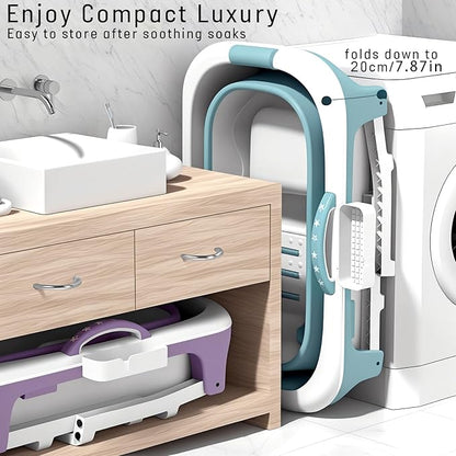 Portable Bathtub, 39 inch Portable Folding Bathtub for Adult, Portable Soaking Bath Tub with Ergonomic Seat & Massage Roller, Freestanding Surround Collapsible Tub for Hot Bath Ice Bath (Blue)