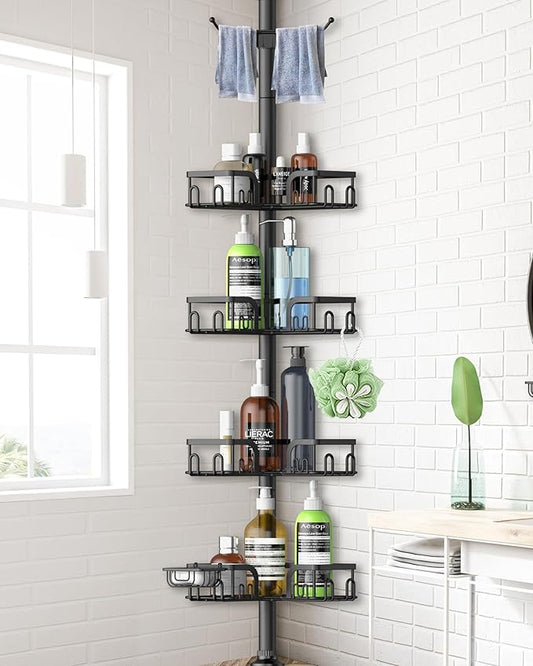 Corner Shower Caddy Tension Pole,39-113 inch Adjustable Rustproof Floor Standing Shower Organizer Shelf with 4 Basket for Bathtub,Inside Shower Shampoo Storage,Black